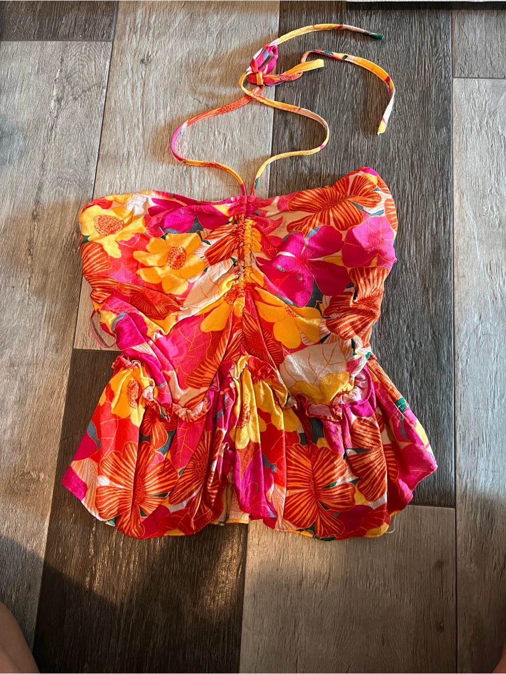 Vibrant Floral Halter Peplum Top in Pink, Orange & Yellow